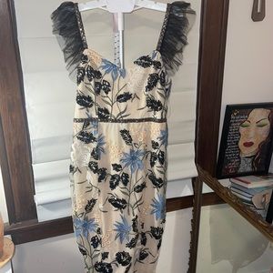 Lulus Party Dress with Beaded Stiching black blue design on a beige background